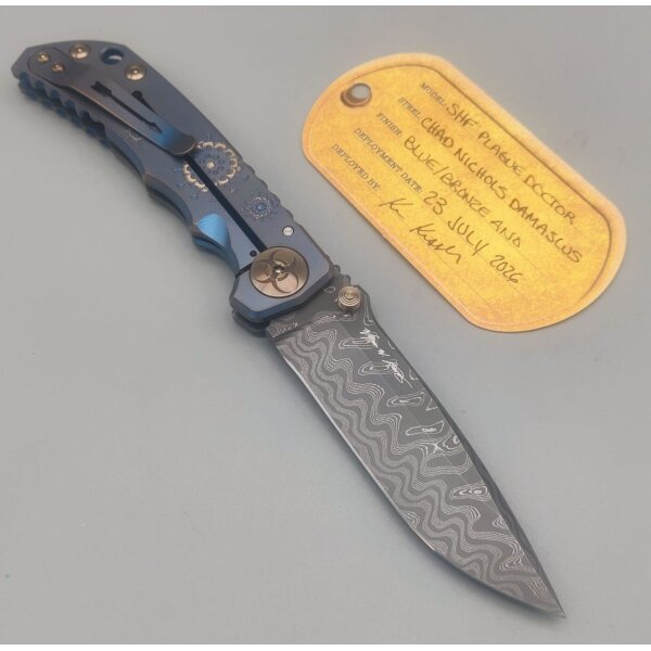 Spartan Blades SF5 Custom Damast Chad Nichols Harsey Folder - PLAGUE DOCTOR Blue Blau