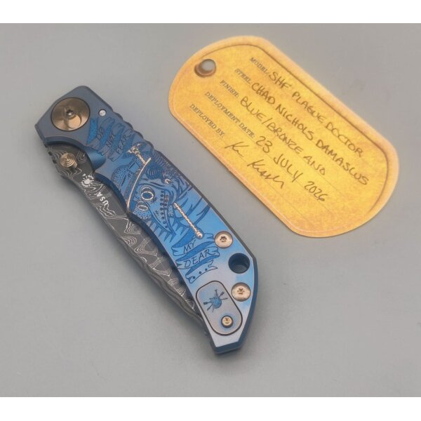 Spartan Blades SF5 Custom Damast Chad Nichols Harsey Folder - PLAGUE DOCTOR Blue Blau