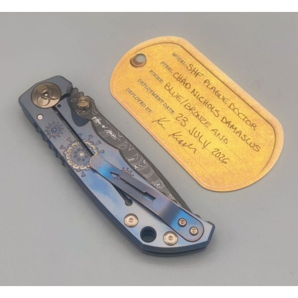 Spartan Blades SF5 Custom Damast Chad Nichols Harsey Folder - PLAGUE DOCTOR Blue Blau