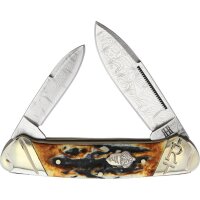Rough Ryder Canoe Cinnamon Stag Bone Slipjoint Damast...