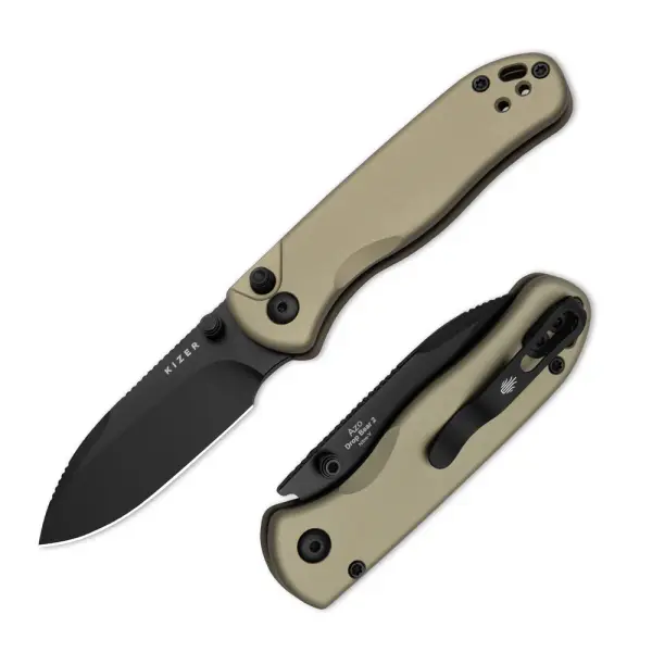 Kizer Drop Bear 2 Nitro-V Stahl Tan Aluminium Button Lock