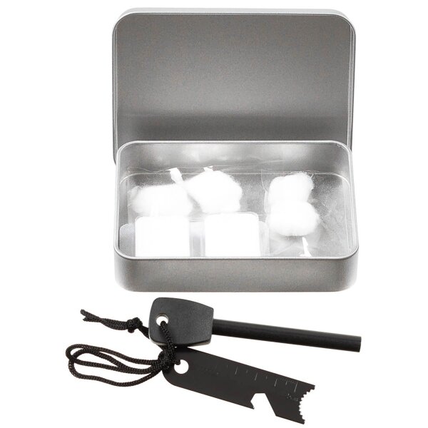 MFH Feuerstarter Set mit Feuerstahl Watte Brennstoff in Metallbox