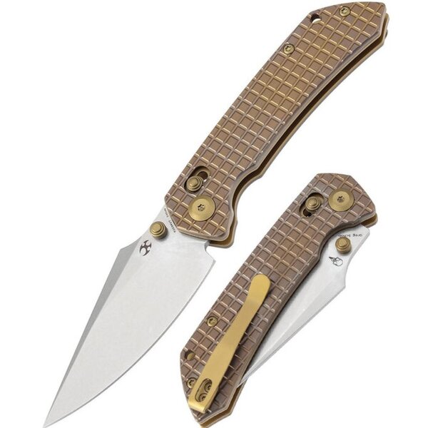 Kansept Knives Fenrir Crossbar Lock Bronze Anodized Titan Handle Titanium Frag Pattern CPM-S35VN Greg Schob Design