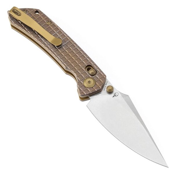 Kansept Knives Fenrir Crossbar Lock Bronze Anodized Titan Handle Titanium Frag Pattern CPM-S35VN Greg Schob Design