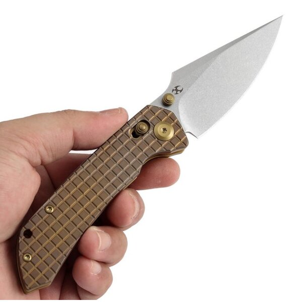 Kansept Knives Fenrir Crossbar Lock Bronze Anodized Titan Handle Titanium Frag Pattern CPM-S35VN Greg Schob Design