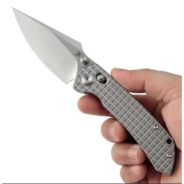Kansept Knives Fenrir Crossbar Lock Bead Blasted Titan Handle Titanium Frag Pattern CPM-S35VN Greg Schob Design
