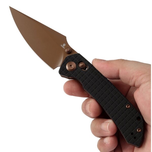 Kansept Tenable Knives Fenrir Cross Bar Lock Black G10 Griff Rose Gold Coated Nitro-V Klinge Sparrow Design