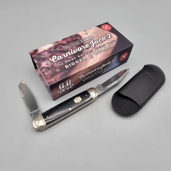 Rough Ryder Beef Carnivore Jack 2 - Steakmesser - Steak Taschenmesser zum Essen für unterwegs Fleisch Fleischklinge mit 2 Klingen Slipjoint - 1 Wellenschliff & 1 Normal - Messer