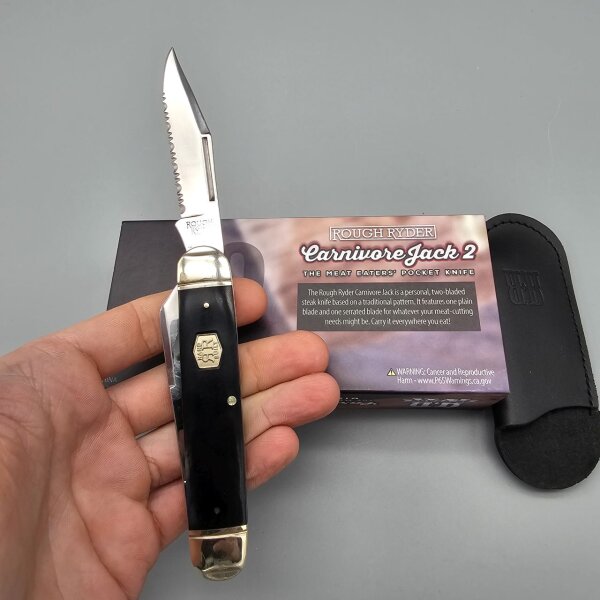 Rough Ryder Beef Carnivore Jack 2 - Steakmesser - Steak Taschenmesser zum Essen für unterwegs Fleisch Fleischklinge mit 2 Klingen Slipjoint - 1 Wellenschliff & 1 Normal - Messer