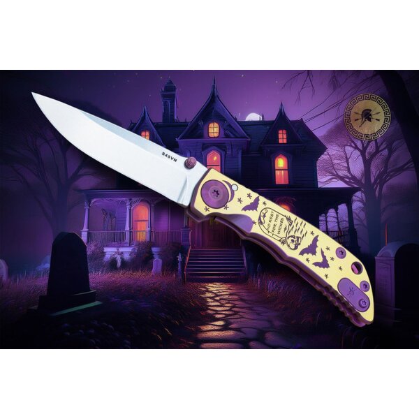 Spartan Blades SF5 Magnacut Stahl Harsey Folder - Halloween No Rest For The Wicked Gold Purple Lila