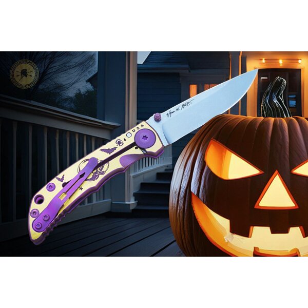 Spartan Blades SF5 Magnacut Stahl Harsey Folder - Halloween No Rest For The Wicked Gold Purple Lila