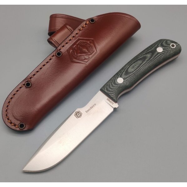 J&V Sendero Fahrtenmesser Sleipner Stahl Micarta Griff Lederscheide
