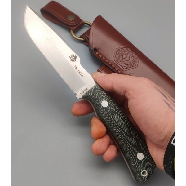 J&V Sendero Fahrtenmesser Sleipner Stahl Micarta Griff Lederscheide