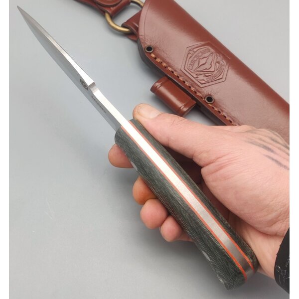 J&V Sendero Fahrtenmesser Sleipner Stahl Micarta Griff Lederscheide