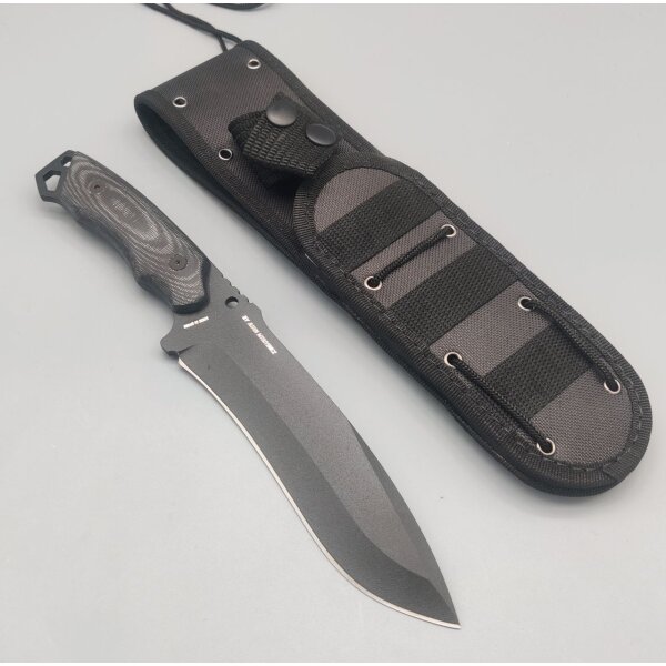 J&V Hercules Black Fahrtenmesser Sleipner Stahl Micarta Griff Lederscheide