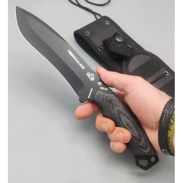 J&V Hercules Black Fahrtenmesser Sleipner Stahl Micarta Griff Lederscheide