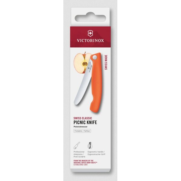 Victorinox faltb. Gemüsemesser Wellenschliff Brotzeitmesser Brötchenmesser Picknickmesser orange