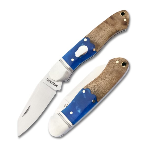 RoseCraft Blades Ocoee River Kayak Blue Resin Burl D2 Stahl Slipjoint