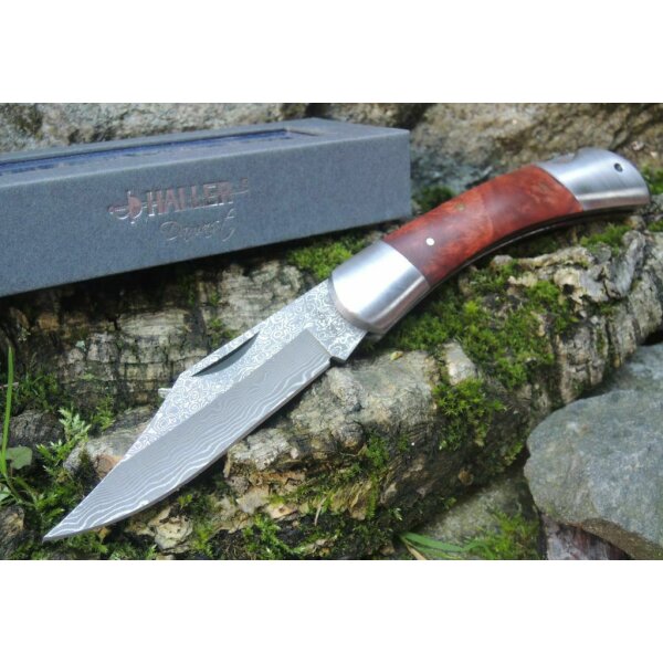 Haller Damast Taschenmesser Damastmesser 71 Lagen Wurzelholz-Griff Lockback