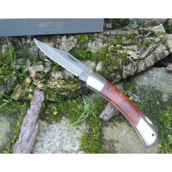 Haller Damast Taschenmesser Damastmesser 71 Lagen Wurzelholz-Griff Lockback