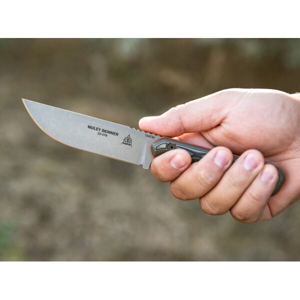 TOPS Knives Muley Skinner Tan Black G10 154CM Stahl Kydexscheide