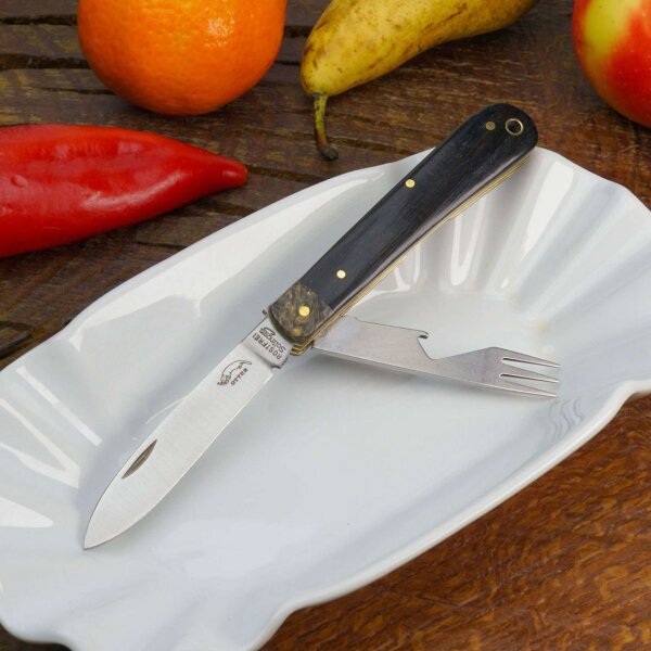Otter " Kumpel " Taschenmesser mit Klinge und Gabel aus Mooreiche mit rostfreiem Stahl - Made in Solingen