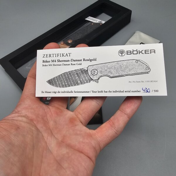 Böker Solingen Messer M4 SHERMAN-DAMAST Rose Gold Limited Edition Nr.430 von 500 Chad Nichols Damast 110118DAM