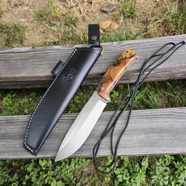 J&V Forester Knives Gineta Premium Messer mit N690co Stahl Haya Estabilizada stabilisierte Pappel  inkl. Lederscheide schwarz