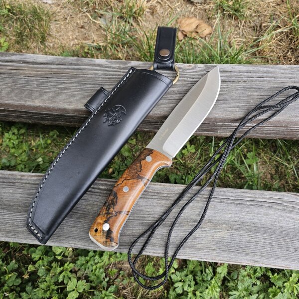 J&V Forester Knives Gineta Premium Messer mit N690co Stahl Haya Estabilizada stabilisierte Pappel  inkl. Lederscheide schwarz