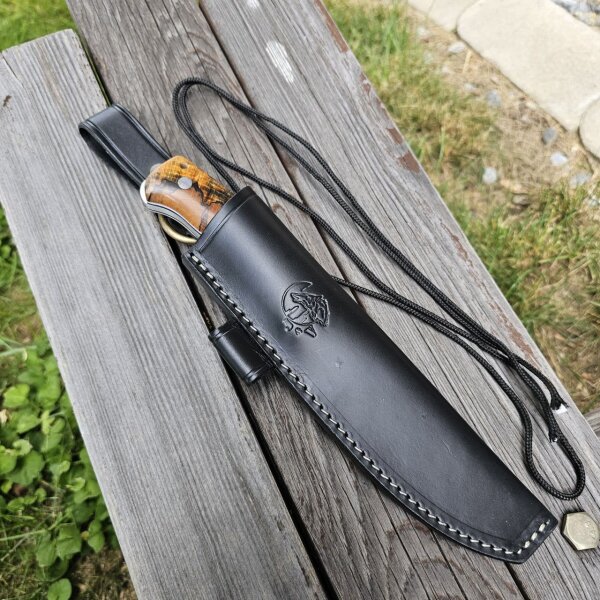 J&V Forester Knives Gineta Premium Messer mit N690co Stahl Haya Estabilizada stabilisierte Pappel  inkl. Lederscheide schwarz