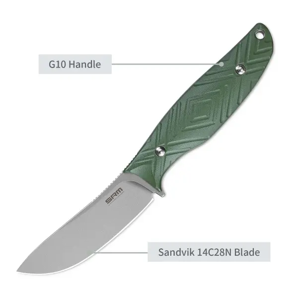SRM Knives Fossa 605T-GP Jagdmesser Skinner 14C28N Stahl G10 Griff PVC-Scheide