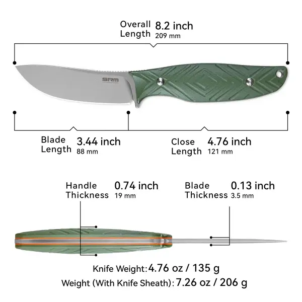 SRM Knives Fossa 605T-GP Jagdmesser Skinner 14C28N Stahl G10 Griff PVC-Scheide