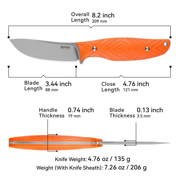 SRM Knives Fossa 605T-GJ Jagdmesser Skinner 14C28N Stahl G10 Griff PVC-Scheide