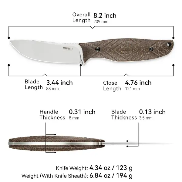 SRM Knives Fossa 605T-MW Jagdmesser Skinner 14C28N Stahl tan Micarta Griff PVC-Scheide