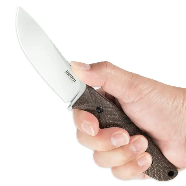 SRM Knives Fossa 605T-MW Jagdmesser Skinner 14C28N Stahl tan Micarta Griff PVC-Scheide