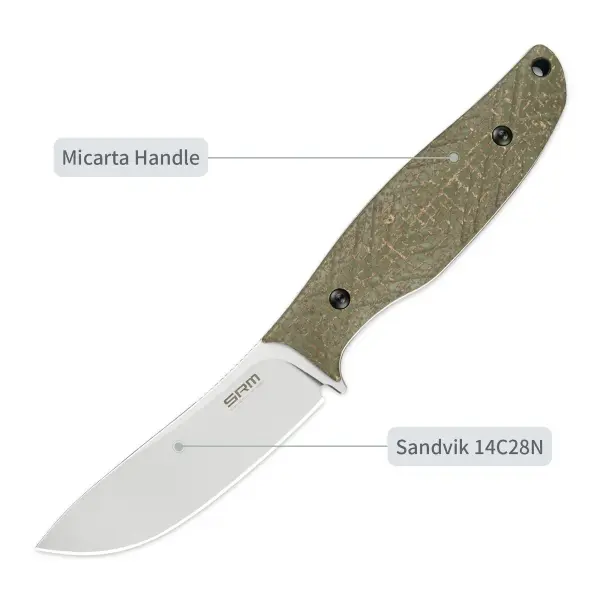 SRM Knives Fossa 605T-MP Jagdmesser Skinner 14C28N Stahl green Micarta Griff PVC-Scheide