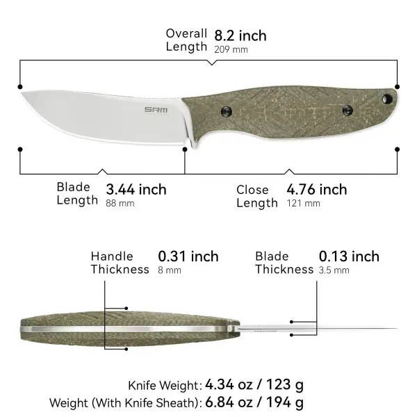 SRM Knives Fossa 605T-MP Jagdmesser Skinner 14C28N Stahl green Micarta Griff PVC-Scheide