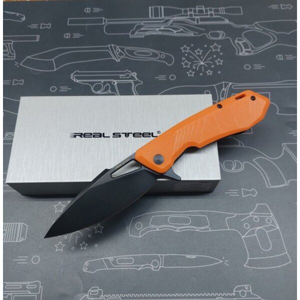 Real Steel Pelican Black / Orange Framelock Messer Taschenmesser D2 Stahl G10 Griff Schwarz