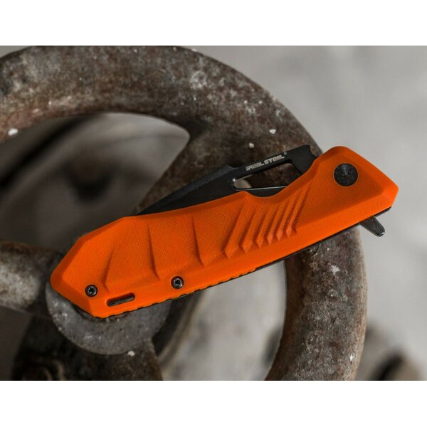 Real Steel Pelican Black / Orange Framelock Messer Taschenmesser D2 Stahl G10 Griff Schwarz