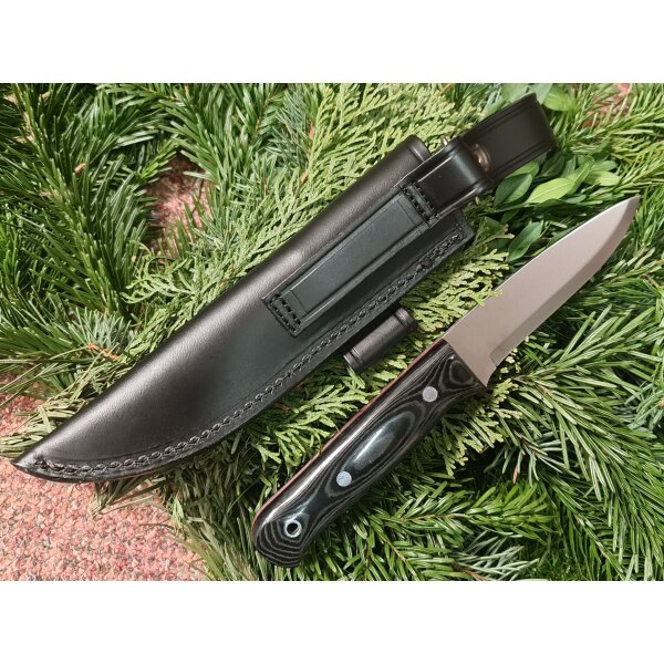 J&V Woodlore  14C28N Stahl Micarta Negra Schwarz inkl. Lederscheide