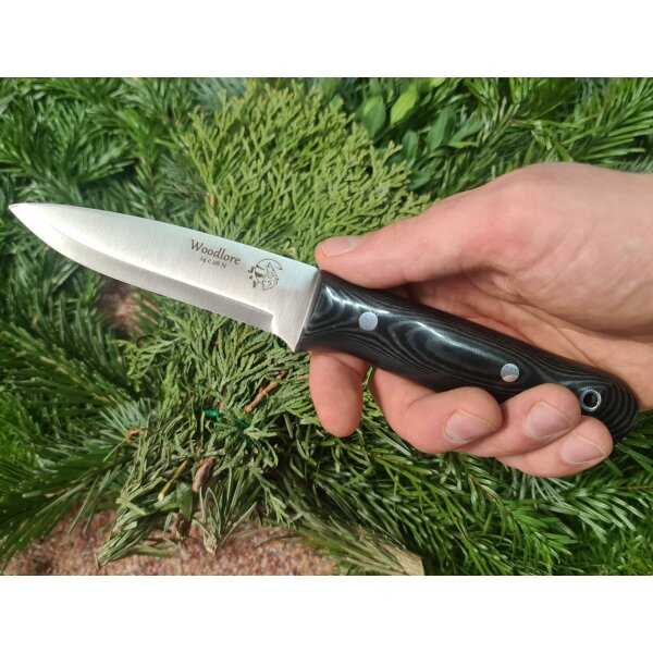 J&V Woodlore  14C28N Stahl Micarta Negra Schwarz inkl. Lederscheide