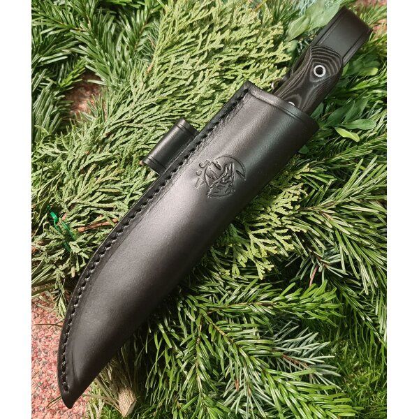 J&V Woodlore  14C28N Stahl Micarta Negra Schwarz inkl. Lederscheide