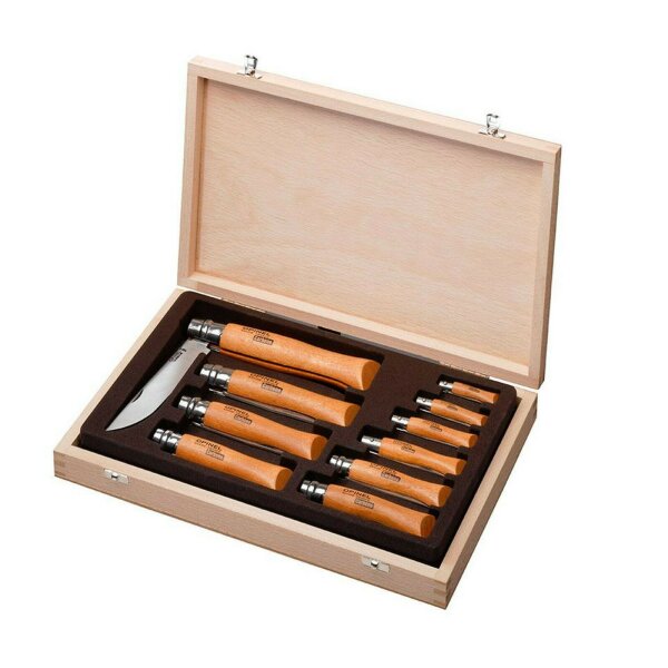 Opinel Holzkiste XC90 Carbonstahl Messerset Größen 2-12 Sammlerbox Messer