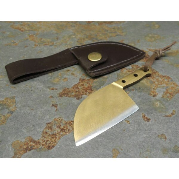 Mini Cleaver Knife Messer Gimmick mit Lederscheide 3Cr13 Stahl EDC Knife Gold