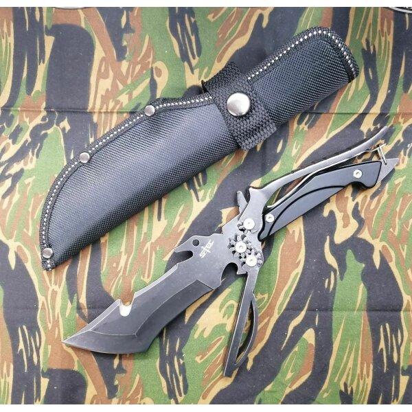 S-Tec MULTI USE Fixed Blade Multifunktional 440 Stahl Guthook Scheide BLACK