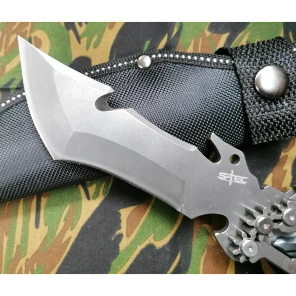 S-Tec MULTI USE Fixed Blade Multifunktional 440 Stahl Guthook Scheide BLACK