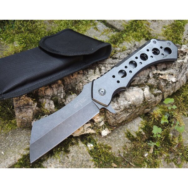 S-Tec Cleaver XXL Taschenmesser Messer 440 Stahl stonewashed + Tasche 30 cm