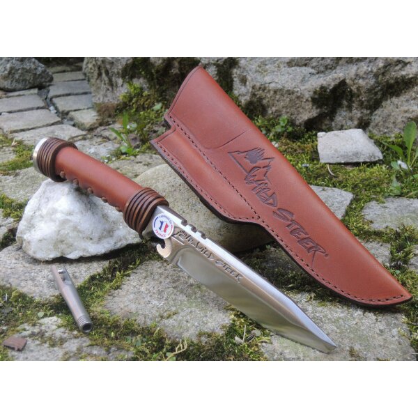 Wildsteer Bogensport Messer BROWN Z50CD13 Stahl Ledergriff Lederscheide