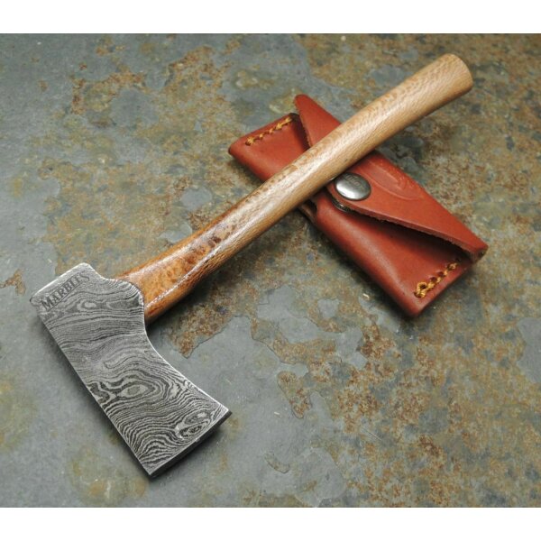 Marbles MINI AXE DAMASCUS Mini Axt Winziges Beil Holzgriff Lederscheide Gimmick