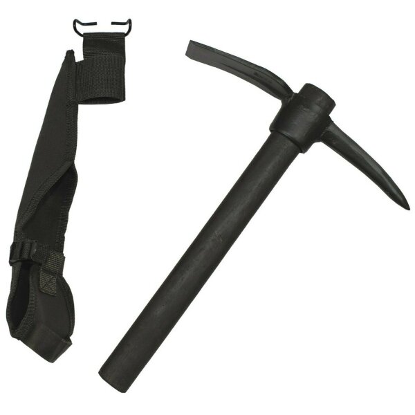 Massiver US Pickel Metall oliv mit Holzstiel und Hülle Spitzhacke Flachhacke